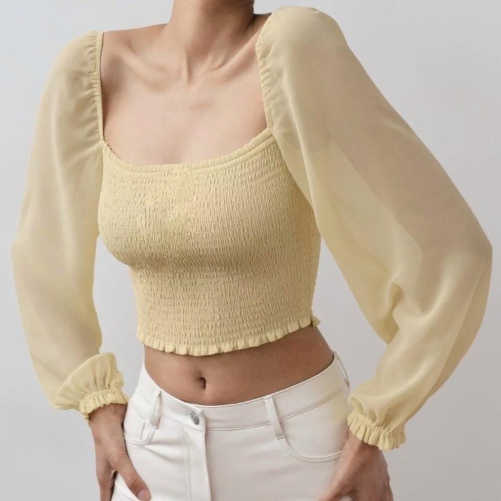 Aritzia Wilfred Saga Blouse - Wheat Yellow Cream Smocked Puff Sleeve Top